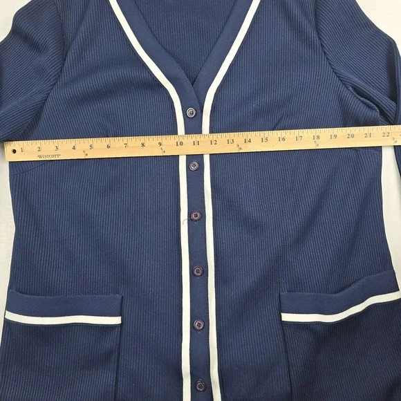 Vintage Miss Accent Act III Cardigan Sweater Navy Blue White Piping - Picture 3 of 7